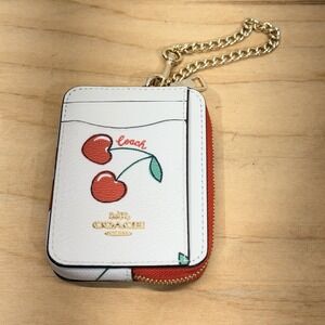 Coach Cherry Print Leather Zip Mini Card Wallet White Red Wristlet Coin Purse 🍒